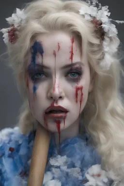 Mugshot, facial, closeup, blue, large, dead woman, blonde, floral designs, atmospheric, beautiful, China Doll, Vampiric, horrifying, blood dripping, brain matter, severed arms and legs, Negan, Baseball bat, barbed wire, a sack, 3 table spoons of salt, Boiling water,