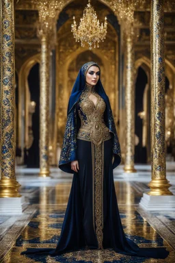 Gorgeous photography full body excellent pose Beautiful super model Iranian islamic hijab dressing Luxury colors black and gold crystal diamonds sapphire,colorful art conceptual, amazing artwork,close-up portrait,luxury Royal Palace background