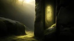 Create an image of a mystical, ancient glyph etched into the surface of a worn, stone wall. The wall, weathered to a soft, moss-covered grey, stretches out into the distance, disappearing into a misty, dawn-lit landscape. In the foreground, a single, gleaming tooth lies embedded in the wall, its ivory surface reflecting the warm, golden light of the rising sun. The glyph, shimmering with a soft, ethereal glow, appears to pulse with a gentle, blue-green light that harmonizes with the misty atmosp