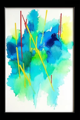 an abstract painting featuring a blend of flowing watercolour colors. Dominant shades of blue, green, and red create intriguing patterns across the canvas. Streaks of yellow intersect, forming geometric shapes. The painting is framed in a simple black frame. Its abstract nature invites various interpretations.