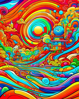 Between the lines of reality and dreams, cartoon style, thick lines, vibrant colors, intricate details, surreal