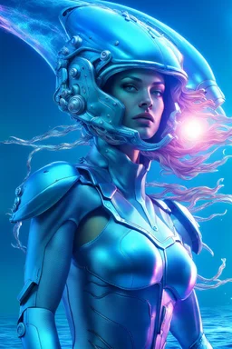 a female cyborg, cyberpunk, underwater, riding a mechanical dolphin, she is a warrior of the sea with a silver trident in hand, her eyes glow with data scrolling in them, beautiful sea life swims around her as she scans for danger, vivid colors, unseen light shimmers, imaginative overlays, artistic fusion, masterpiece, high quality, 8k, photorealistic detail,