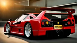 A sleekly designed (((Ferrari F40))), undergoing a luxurious (((modern upgrade))) with cutting-edge technologies from 2024, its form beautifully captured mid-metamorphosis, rear view