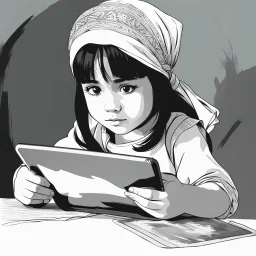 a little girl sitting on the floor holding a tablet, wearing a head scarf, white bangs, document photo, photo still of, paint, wet drapery, unmasked, diary on her hand, 5 years old, focus close on mischievous eyes, hand - drawn animation, with long black hair, portrait of dangerous