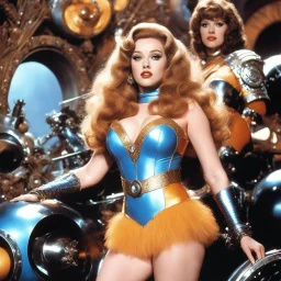 [psychedelic movie by Russ Meyer] Kat Dennings as barbarella in her iconic outfit, vintage 1970's photo