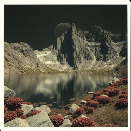 Sublime foto close-up polaroid ad alta definizione di una montagna rocciosa, un lago, surreale, colors, cityscape scifi, collage art, dadaism, sublime, splimapys nero, cielo nero, acqua nera riflette un sole nero, macabre piante circondano il lago, alghe, hypermaximalist, Max Ernst style, strangeness, intricate, hypnotic, obsessive, Yves Tanguy, 8k, deep 3d field, very accentuated details of the rocks and sht frn, eerie, artistic photo, shot on Hasselblad, large format film, medium format film