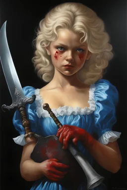 full body image, head to toe, chiaroscuro, deep shadows, rich deep colors, highly detailed portrait, Oil on Canvas by Boris Vallejo - The Evil, homicidal13-year-old Cinderella with Bleach-blonde hair holding a bloody cleaver - 4k UHD, Ultra-realistic, Hyper realistic, Photorealistic, Realistic, absolute Reality