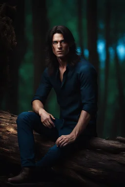 evan buckley with long dark hair and blue eyes sitting on a log , photorealistic, 4k, dark fantasy