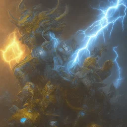 lightning, angry warrior in Blue and yellow battle armor with electric bolts of lightning, a highly detailed illustration, background of Inka jungle, realistic render, 8 k, micro detail, intricate, elegant, centered, digital painting, Artstation, smooth, sharp focus, illustration, artgerm, tomasz alen kopera, peter mohrbacher, donato giancola, joseph christian leyendecker, wlop, boris vallejo