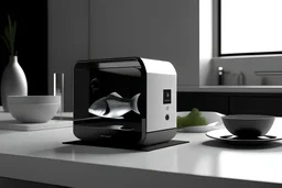 a product that purifies the polluted fish, product design render on the table in the kitchen, a white color product that is rectangular parallelepiped with rounded corners, some dead and lying fish inside the product, with a black touch display on the procuct with a radioactive icon on it, minimal disign of white color, a fine uv light inside the product, photorealistic