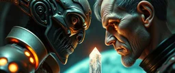 Close-up confrontation between an ancient alien outcast leader synth and a space broker, standing only a meter apart, intense eye contact, glowing crystalline rod between them, anger mixed with sadness, dramatic facial expressions, shallow depth of field, cinematic lighting, stylized 3D anime, airbrush painting, crisp outlines, escher , rembrandt and hr giger