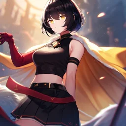 Clear focus,High resolution, Black short fluffy hair, and yellow eyes, wearing a black short skirt, sleeveless crop top, wearing long dark red gloves, yellow cloak