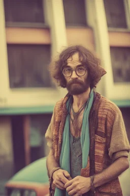 Hippie bohemian young ugly man with Parisian bohemian look and glasses of colours and poor and short short short and poor hair on the head with receding hairline. Farsightedness glasses with big eyes. Long beard. Vintage look and feel like photo styleof the 70s