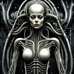 The biomechanical woman created by HR Giger, famous for his work on the Alien franchise, is a striking and surreal fusion of organic and mechanical elements. Her body is often depicted as a complex network of tubes, cables, and other mechanical components seamlessly integrated with her human form. The result is a truly unique and unsettling creature that blurs the line between man and machine. Giger's biomechanical women are often depicted in a state of eerie calm, their features an unsettling m