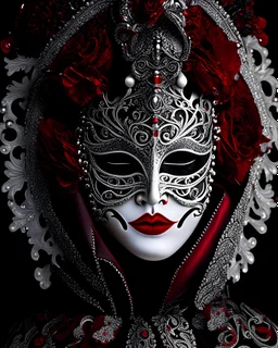 Beautiful faced red and vantablack and white diamond ornated voidcor shamanism venetian masqued woman portrait adorned with carnival of venice style costume ribbed with metallic filigree silver floral baroque venetian embossed floral adorned with Venetian headdress Black ad wite and silver colour metallic ginger black colour gradient bird masque venetian filigree floral embossed gothica mineral stones ribbed, masquerade background extremel detailed hyperrealistic maximalist concept portrait ar