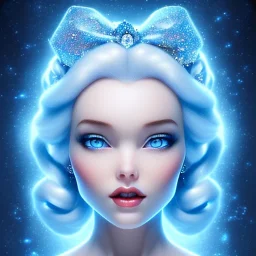 Snow white, crystal, beautiful, soft, blue light, star in background, blue eyes