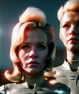 Ultra Realistic retro sci-fi movie, people, classic ovni, 1960 year, waist up view portrait, blonde woman, sweet teenager Jane Fonda face, glow rays eyes without pupil, face makeup, tight latex coat, retro glass helmet, Retro sci-fi style, soft color, highly detailed, unreal engine 5, ray tracing, RTX, lumen lighting, ultra detail, volumetric lighting, 3d, finely drawn, high definition, high resolution.