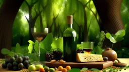 Set against a lush green backdrop, the scene focuses on a single wine bottle in the foreground. Condensation beads glisten on the bottle's surface, hinting at its chilled contents. Surrounding the bottle, an assortment of Italian delicacies seems to float in mid-air, each item suspended in a tantalizing display. From slices of aged Parmesan cheese to plump olives and ripe tomatoes, the air is filled with the aroma of Italy's culinary treasures. The composition captures the essence of Italian ind