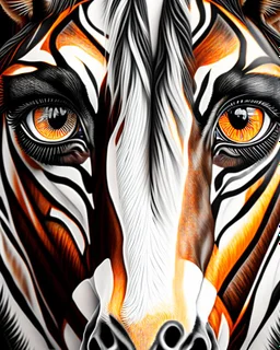 Horse sight symmetrical eyes symmetrical ear symmetrical frontal view ink art colours orange cream white and black hyper-detailed realistic 8k