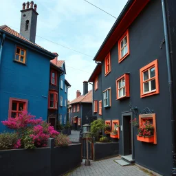 Fotografia di strada assurda e falsa cartongesso blu weirdcore dai colori vivaci. Fantasy land. Escher. Non luogo falso, inusuale. Max Ernst. Le case sono false e dipinte di nero chiaro con cose stilizzate e dettagli. Ci sono finestrelle false quadrate, che danno un senso distopico e molto surreale, disposte in modo casuale. L'atmosfera generale sembra noiosa e onirica, con un contrasto tra elementi reali ed elementi dipinti falsi, René Magritte, oddest things