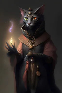 Khajiit human-like cat sorcerer wearing urchin clothing, Half draconic, a human body, human hands, tall, black fur, red eyes, a Body covered in small item pouches, concept art, league of legends, Arcane style, realistic, Rembrandt lighting