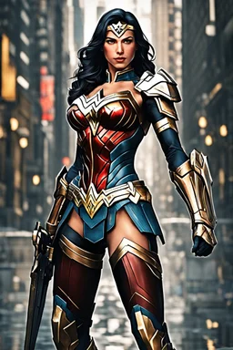 Full body ,beautiful wonder woman ultra advanced warframe with the whole and full body full armor with ultra sophisticated machine compagnon ultra high resolution and details,walk in street city bussy