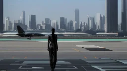 Tall thin woman, with straight black hair, dressed in a camouflaged jumpsuit, looking out from the rear of a futuristic aircar, on a tarmac runway, with a city skyline in the distance