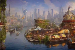 Boat restaurants in front of Empire Metropolis+hanging garden of babylon+karnaca+rome+istanbul+Burano+barocco Skyscraper+steampunk+colorful city,alphonse mucha,greg rutkowski,matte painting, cryengine