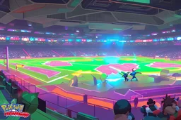 a Pokémon wrestling stadium with many lights and a big crowd, cell shading