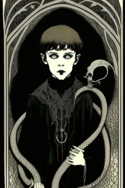 7 year old boy, necromancer, friendly, looks dead,with a lamprey serpent , wearing black robes, in the style of Harry Clarke