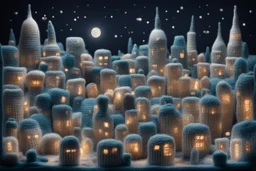 knitted city at night in moonlight