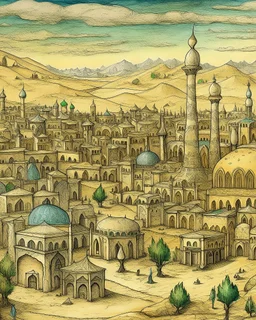 A tan town made out of stones designed in cave paintings , a mosque with minarets in the middle painted by Van Gogh