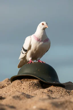 A white pigeon sitting on a half buried in the sand nazi soldier's helmet