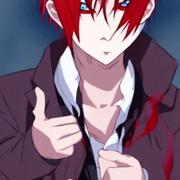 cute male anime vampire drinking blood, he has red eyes, white hair