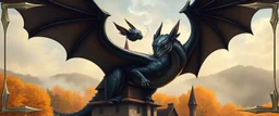 portrait of a shiny black dragon squirrel in autumn, flying above wooden castle, breathing smoke, book cover illustration, with metallic wing border on left and right of frame