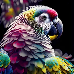 African grey Parrot portrait, Beautiful and pretty By Mandy Disher, show full image, all angles, flying, fantastical otherworldly, white flowers, vibrant colors, red, blue, yellow, purple, green, intricate infinite fractal micro synapses diamond feathers, intricate details, Ismail Inceoglu, bokeh,