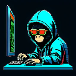 A Monkey sitting in front of a computer, wearing a hoodie and sunglasses. Matrix in background. Pixel Art. Profile Picture. Avatar. Pixel