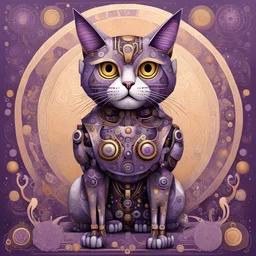 Full body portrait of a Robot Cat, psychedelic, Detailed, by Laurel Burch and Brian Despain, maximalism, purple and silver and gold, by Petros Afshar