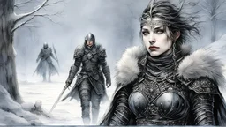 Hyper-photorealistic watercolor art style by Luis Royo , a warrior woman in black armor on the background of a cold snow-covered country, ice and crystal, frost and snow, hyperdetailed face, full body diagonal shot, encounters male bandits in dark fantasy countryside setting, absence of mysterious elements, dramatic lighting, ultrafine detail, octane rendering., by