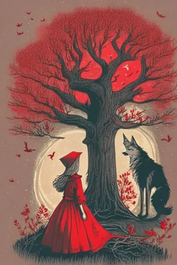 in a cosy vintage style, a witch marvels at a red tree with the big bad wolf watching her