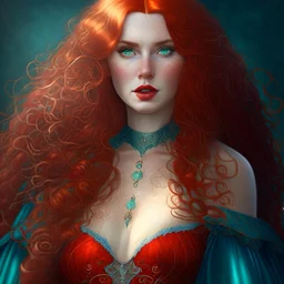 Dress, long ginger hair, Noble, Pale skin, Fantasy, Woman, large chest, turqouise eyes, frizzy, large hair, Blood red details, Curvy body