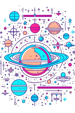 cute symmetrical outer space minimal including planets and stars coloured in, sketch style, only use outline, clean line art, well outlined