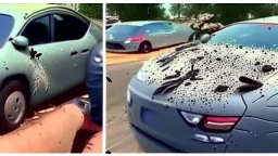 guy upset with filthy car with dead bugs splattered on it