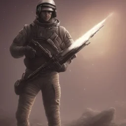 A man with a beautiful and large military rifle in the galactic space