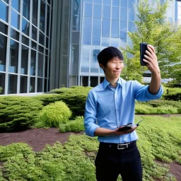 A short haired, Japanese Male software engineer from MIT taking a selfie in front of Building 92 at Microsoft in Redmond, Washington