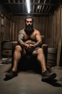 full figure shot photography of a 33-year-old turkish heavyset tattoo very hairy sweaty worker sitting spread-legged in an old armchair inside a construction site shed, dressed in shorts, shirtless, stubble, big manly legs, serious eyes, midnight, dim neon lights illuminating and shine on the beards of sweat that fill his large chest, photorealistic , ambient occlusion