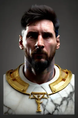 Realistic image, lionel Messi sculpture, white marble material with gold veins, gold laurel leaves crown, gold ornaments, Renaissance style, sun rays background, waist up portrait, epic, celestial, cinematic lighting, God lights, 4k resolution, smooth details, soft lighting, unreal engine 5, art station, substance 3d.