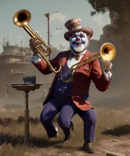 mechanoid old friendly fat clown with trimmed beard playing jazz with a steampunk theme, trumpet, realistic