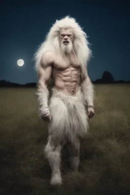 an extremely muscular, extremely hairy, long-haired albino werewolf, in a field, Botany, Starry, Moon lit, Retro Pop, Dark Fantasy, Horror, Festive, Realistic - 32k, UHD, professional quality, 8 x 10 digital photograph