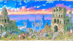 Destroyed City, medieval ruins, debris, stone, breched, brocken, Perspektiv from the sky, by Jean-Baptiste Monge, Ivan Bilibin, Albert Bierstadt, Reza Badrossama, watercolor, intricate details, fantasy, beautiful, oil on canvas, award winning, imperial colours, fantastic view, radient colours, very attractive, crisp quality